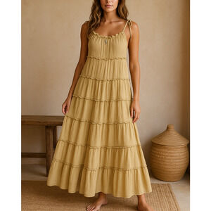 Charlie Holiday Senorita Maxi Dress Womens 4 Beige Gauze Tiered Tie Strap Resort